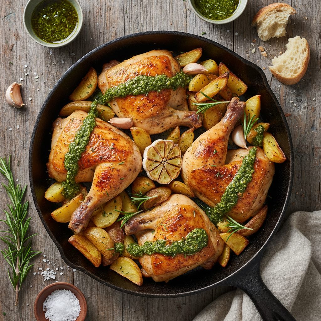 Ofenhähnchen mit Kartoffeln und hausgemachtem Dressing
